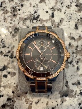Michael Kors Black and Rose Gold Crystal Bezel Chronograph Watch